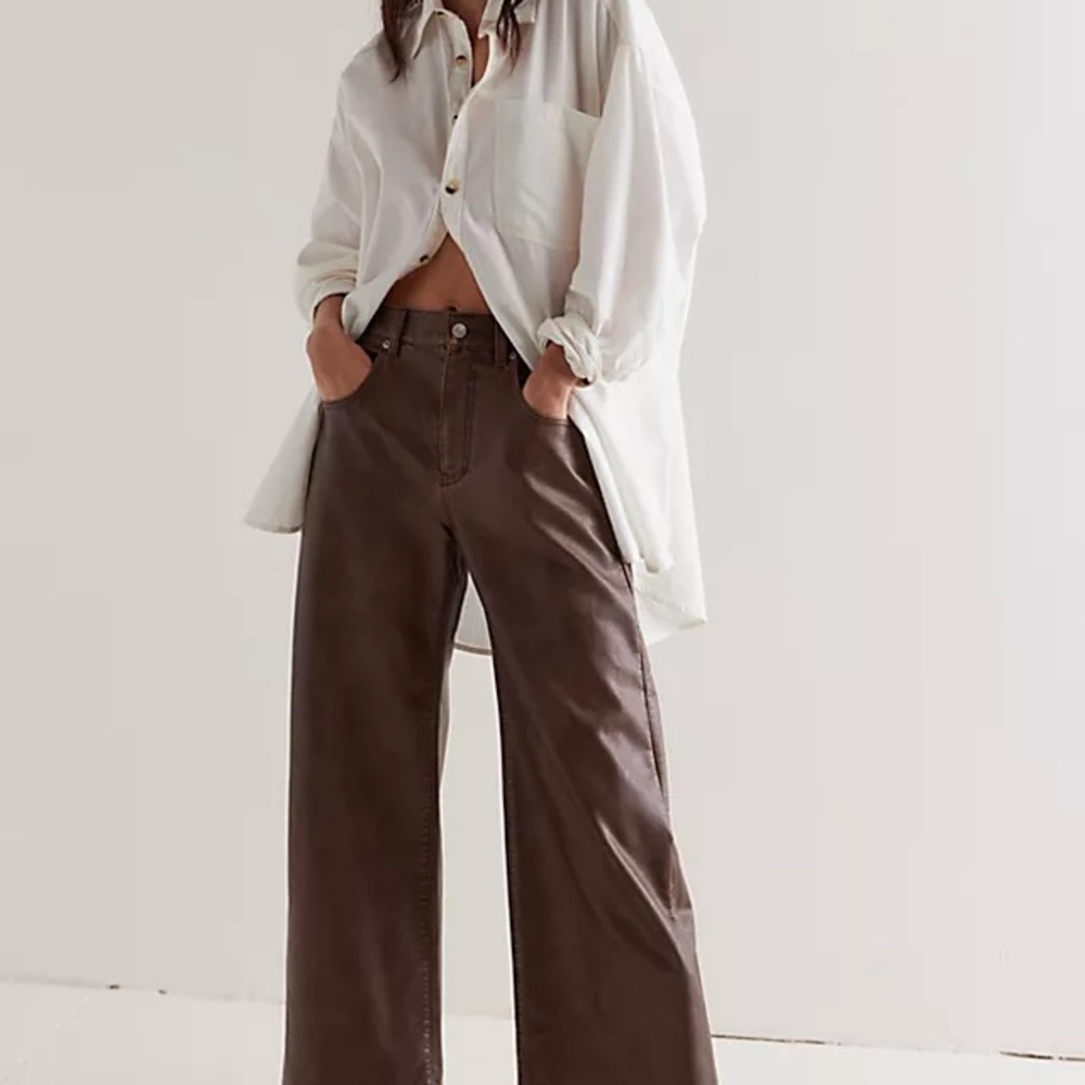 Wide Leg Faux Leather Pants - Brown